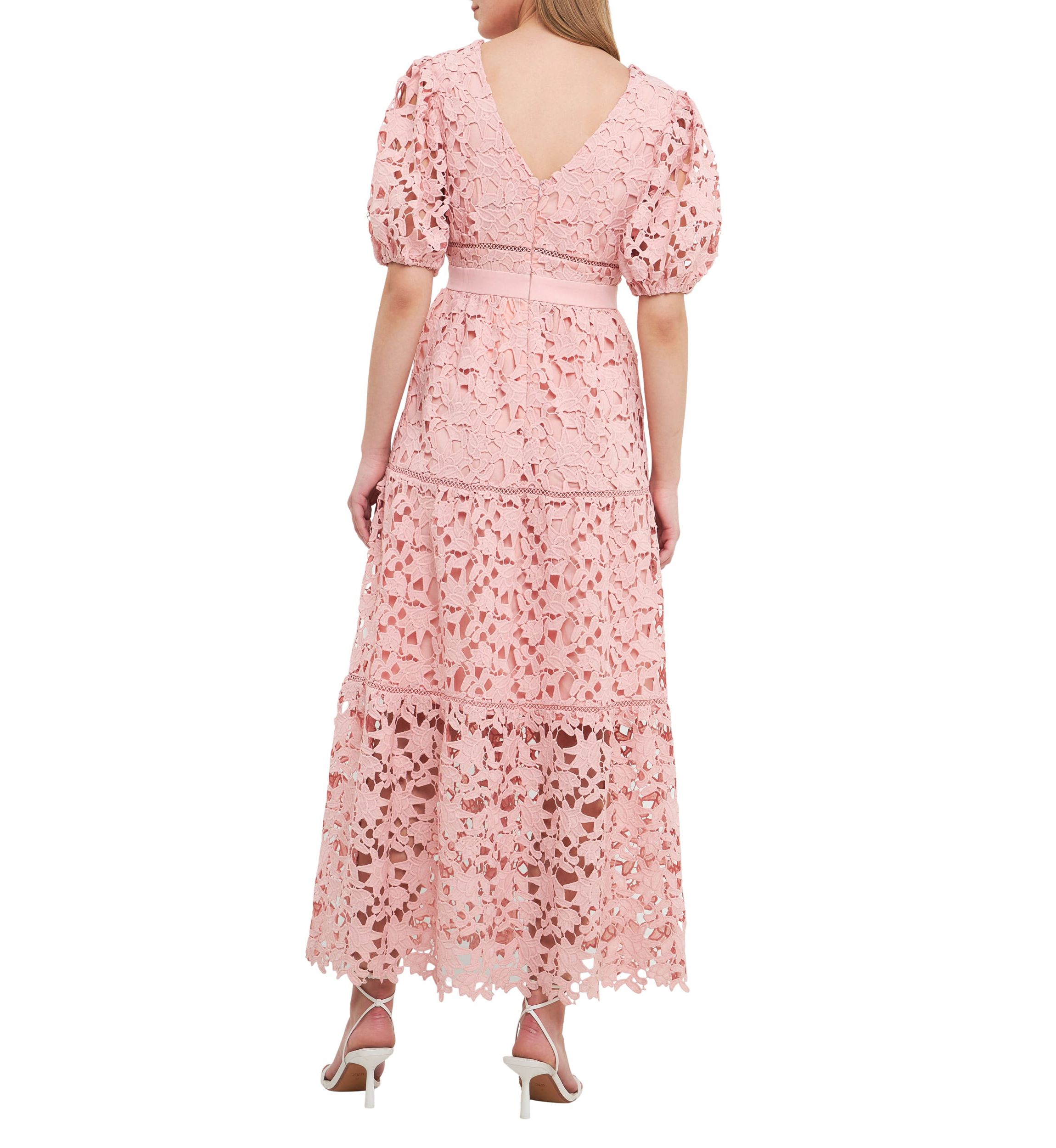 Puff Sleeves Lace Tiered Maxi Dress