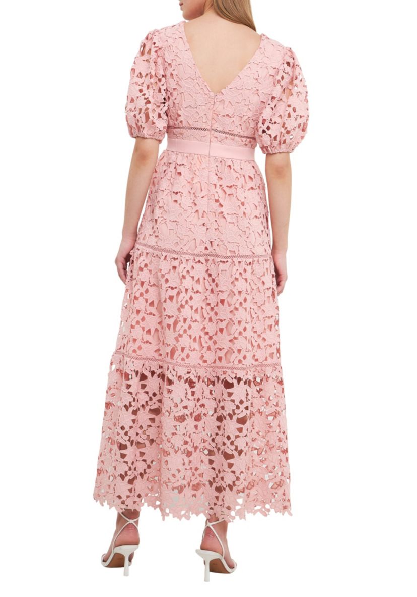 Puff Sleeves Lace Tiered Maxi Dress