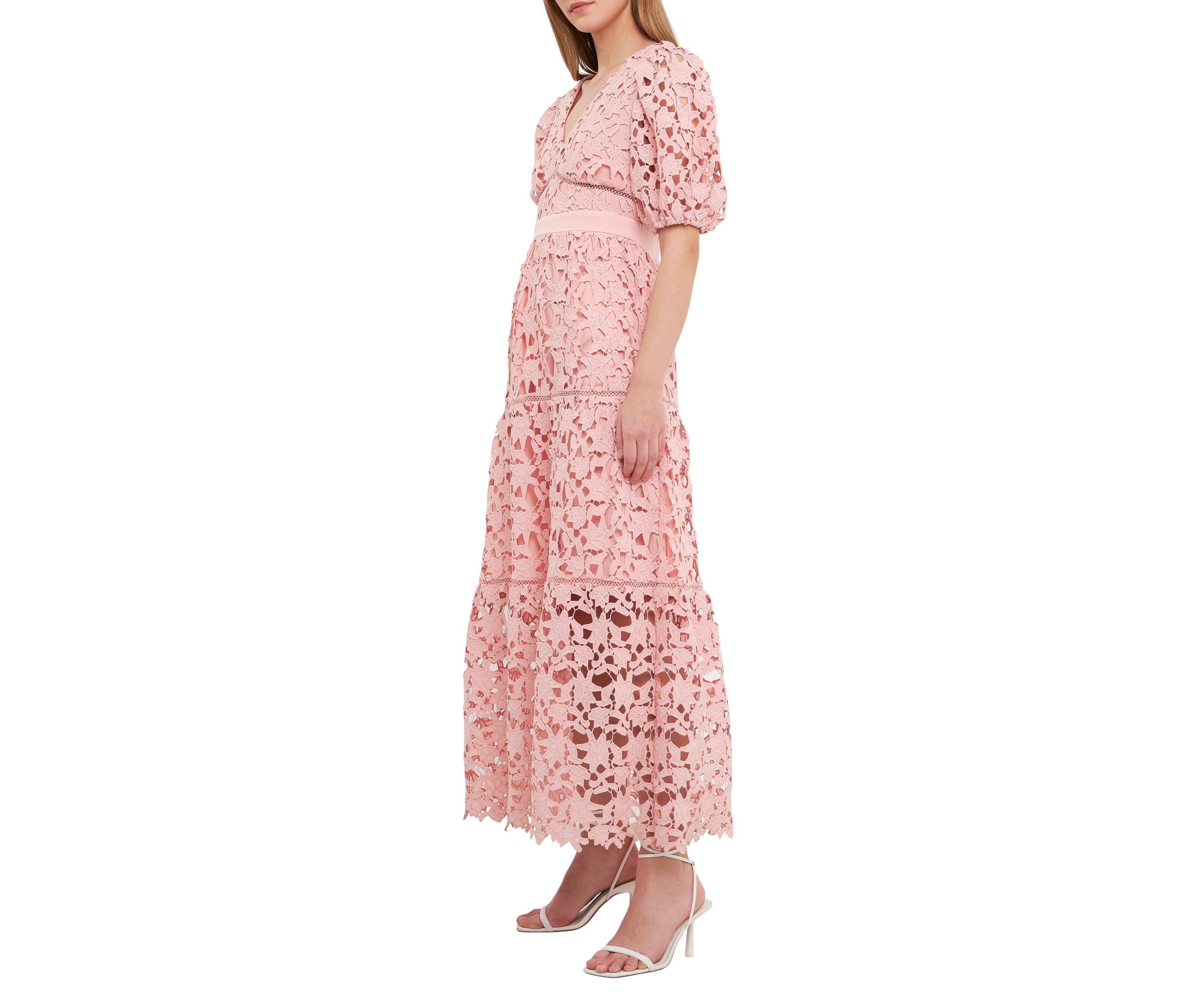 Puff Sleeves Lace Tiered Maxi Dress