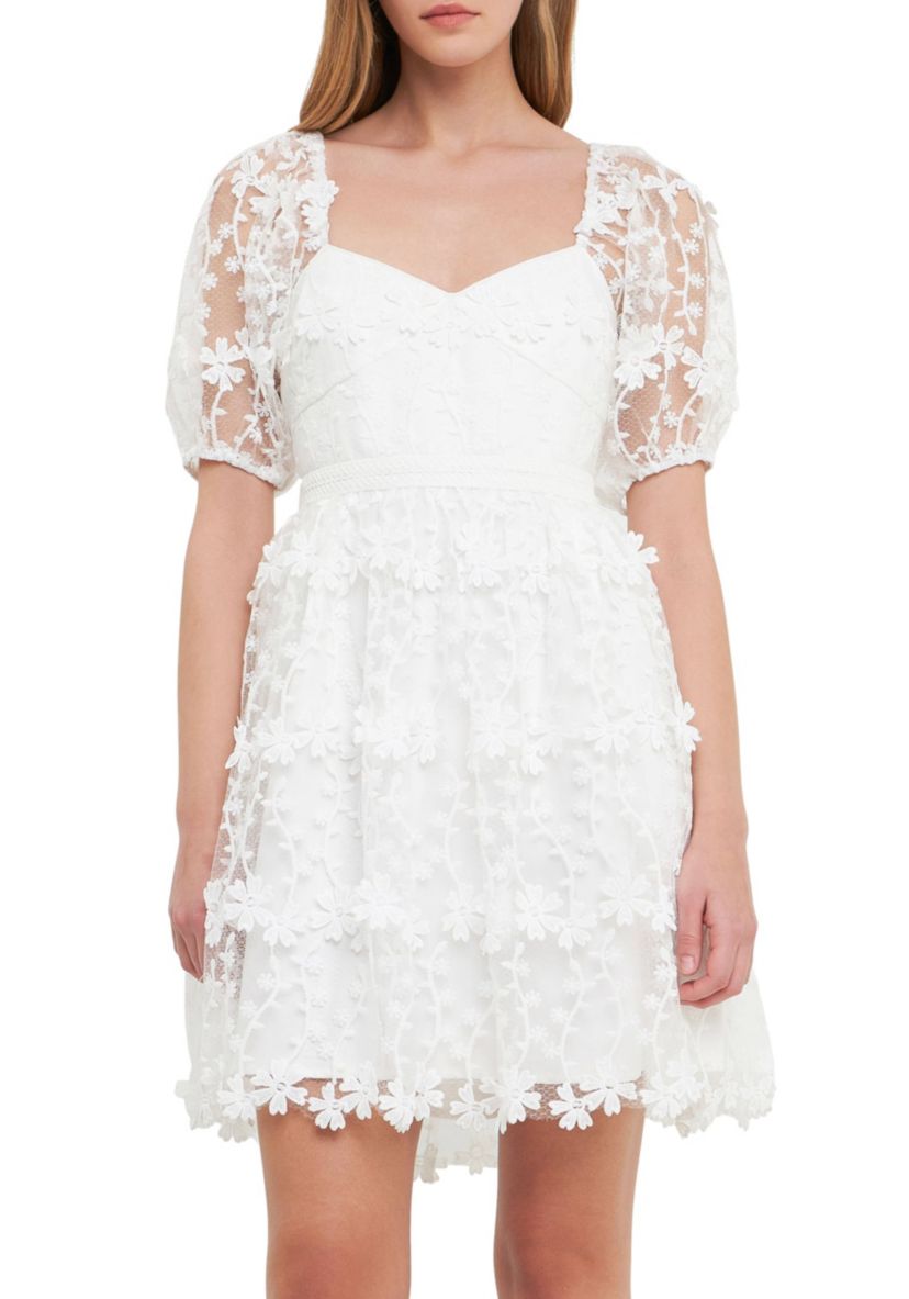 Crochet Lace Bustier Puff Mini Dress