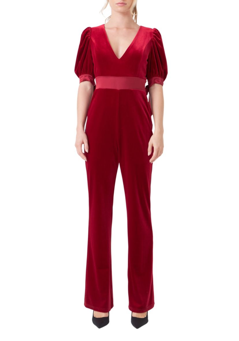 Bow Tie Sleeve Velvet Jumpsuit