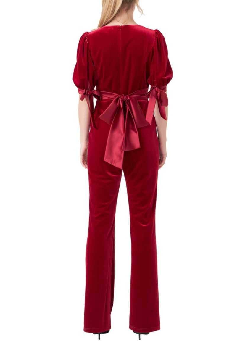 Bow Tie Sleeve Velvet Jumpsuit