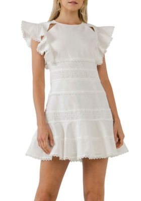 Endless Rose Women's Lace Trimmed Ruffle Sleeve Dress with Cutout, White, Large