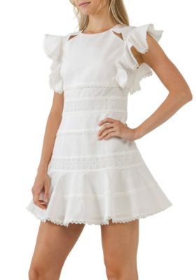 Lace Trimmed Ruffle Sleeve Dress with Cutout