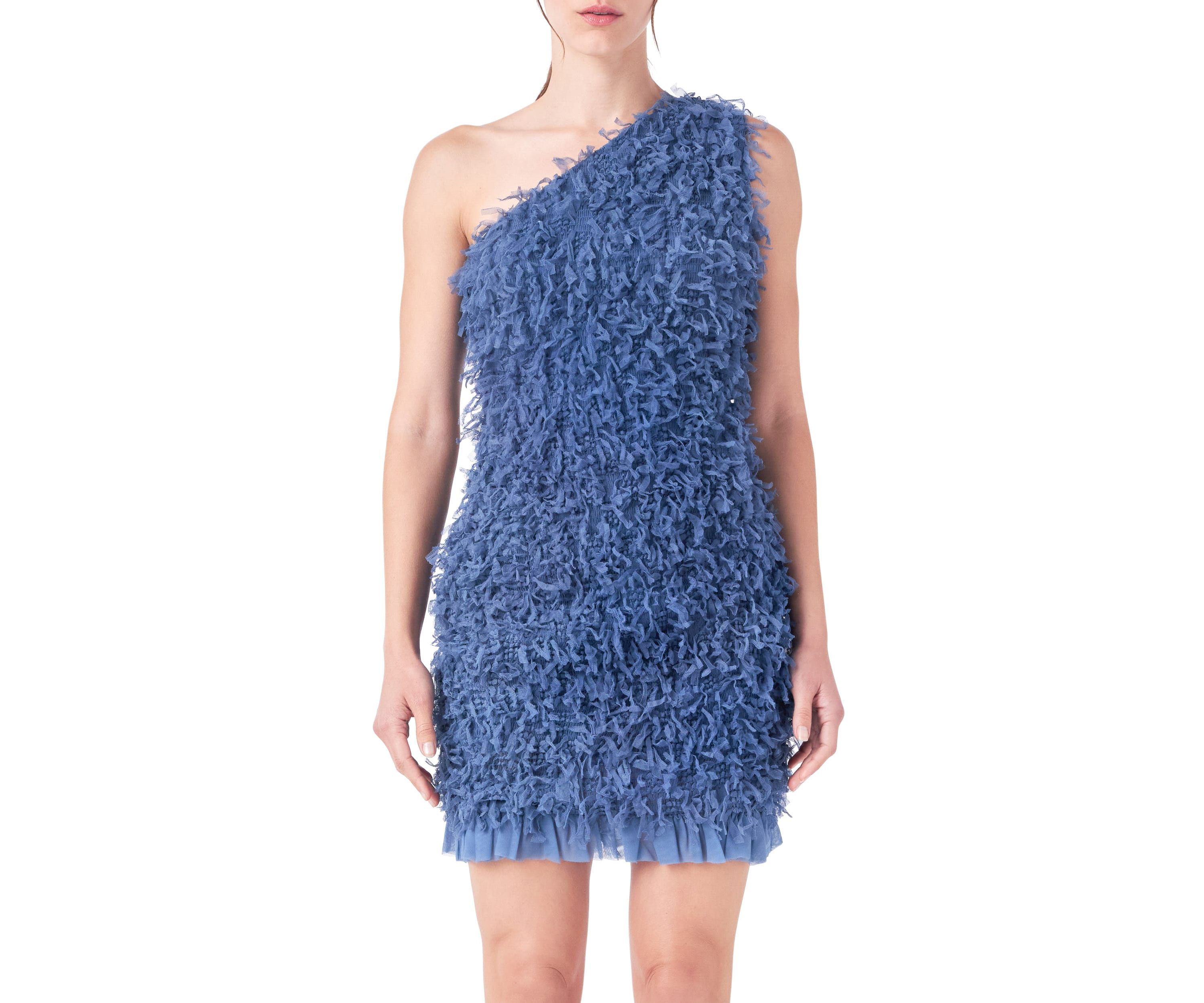 Mesh Trimmed One Shoulder Mini Dress