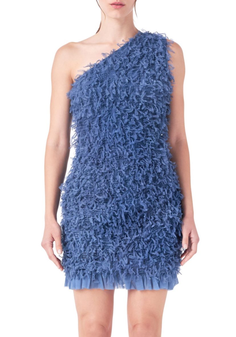 Mesh Trimmed One Shoulder Mini Dress