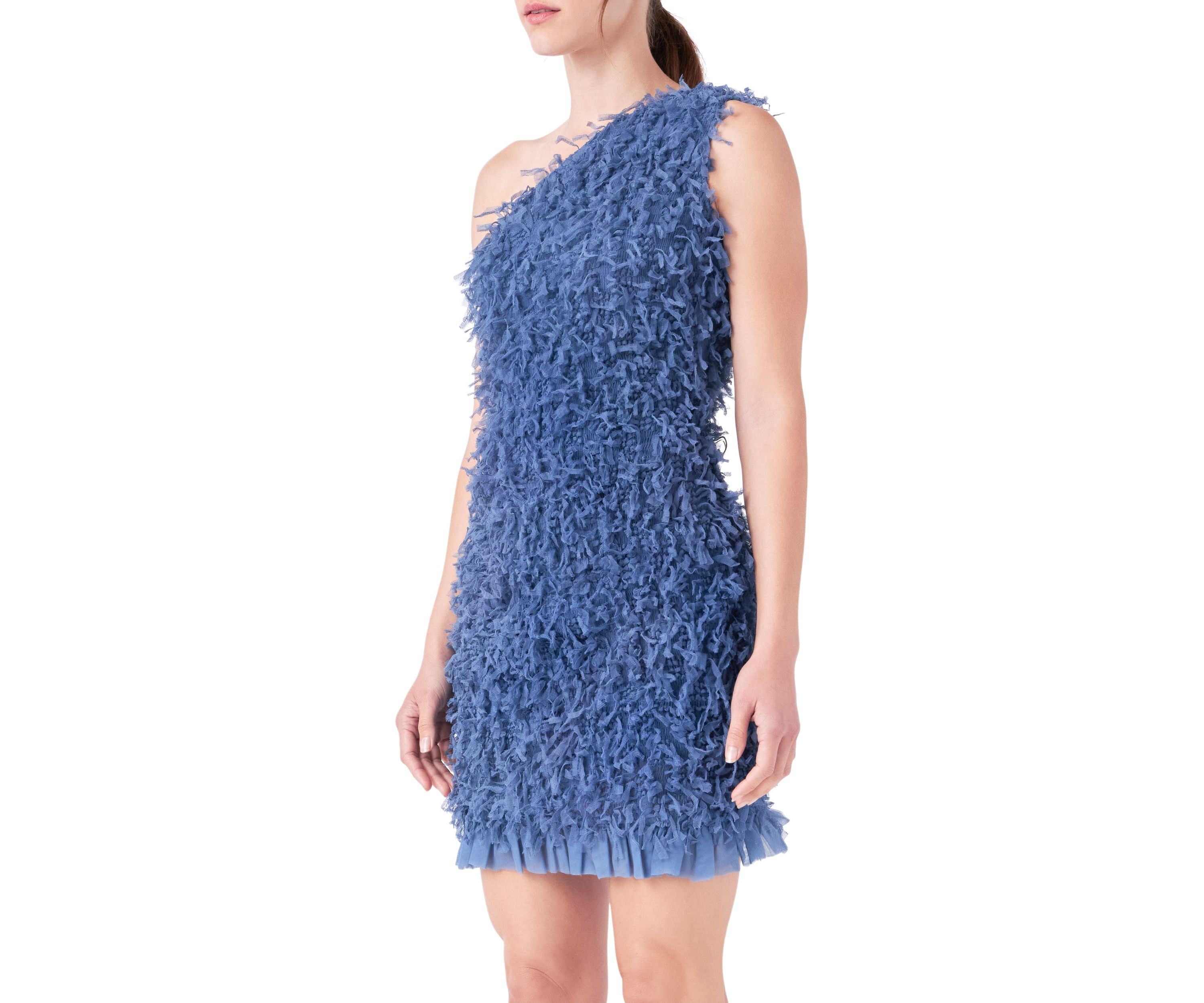 Mesh Trimmed One Shoulder Mini Dress