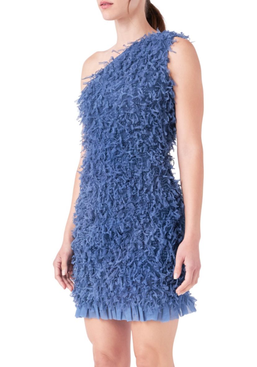 Mesh Trimmed One Shoulder Mini Dress