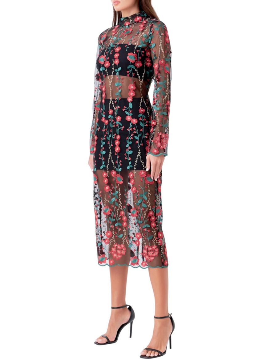 Endless Rose - Floral Embroidered Midi Dress RED MULTI / XS
