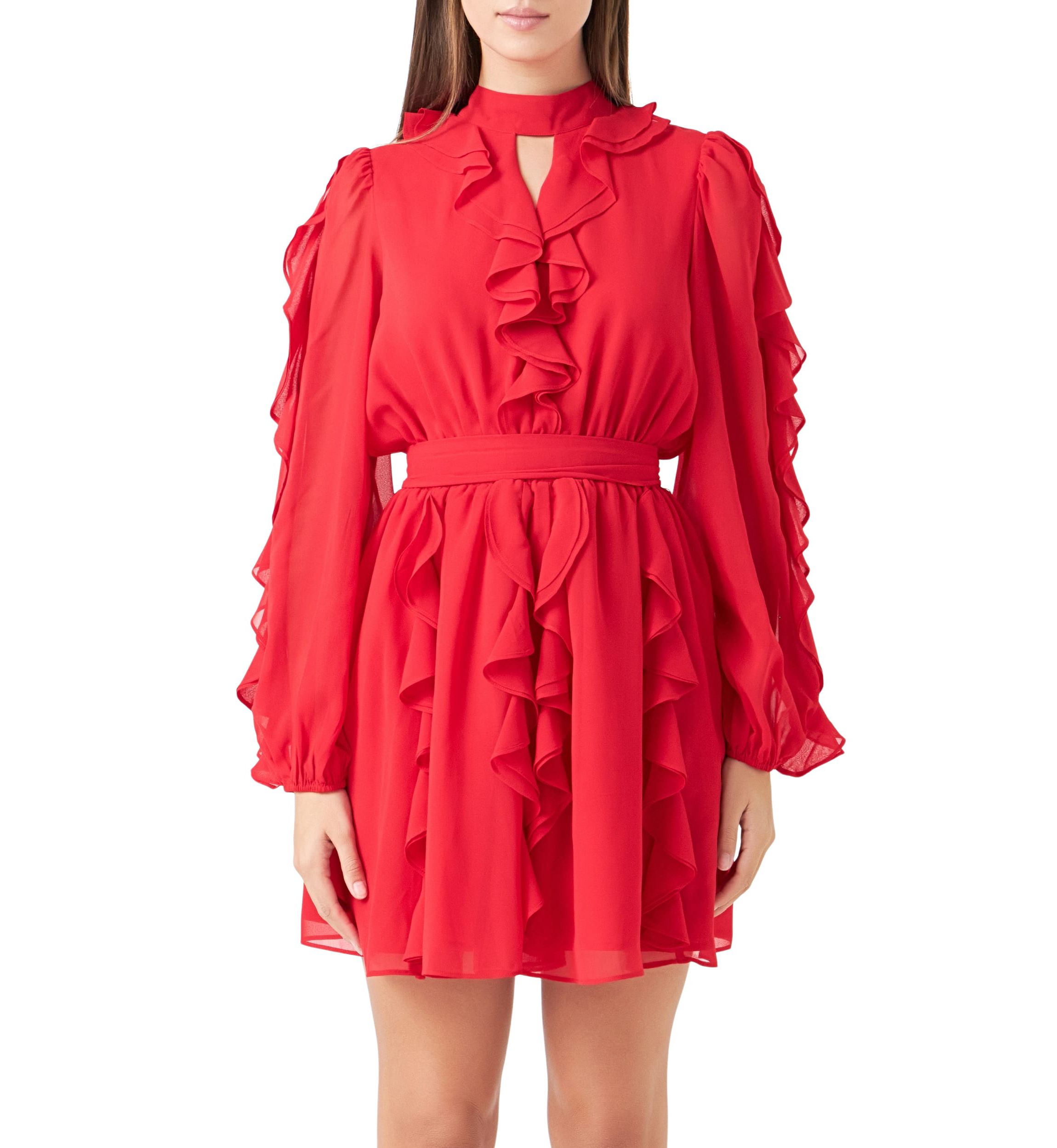 Chiffon Ruffled V Mini Dress