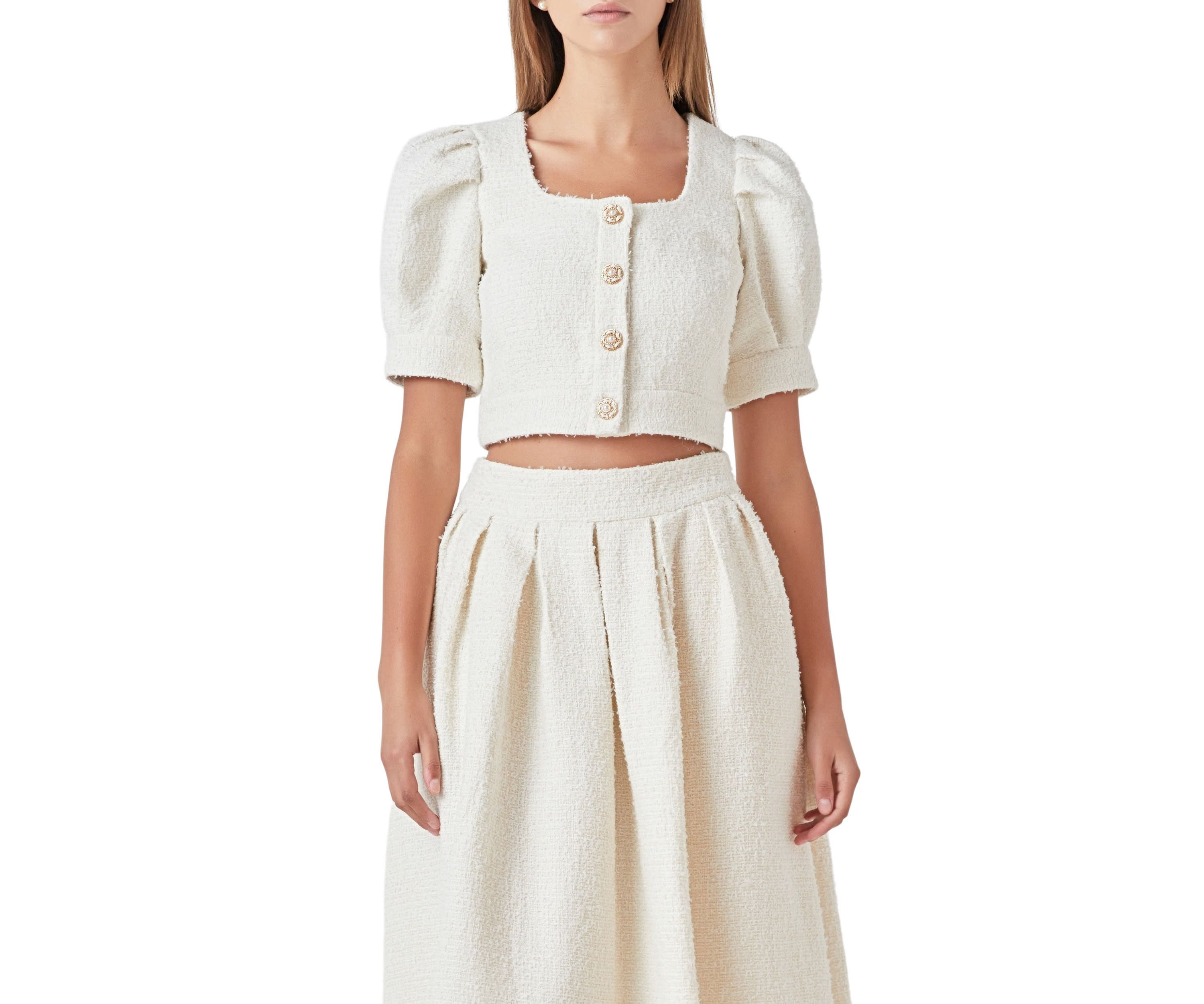 Cropped Tweed Puff Sleeve Top
