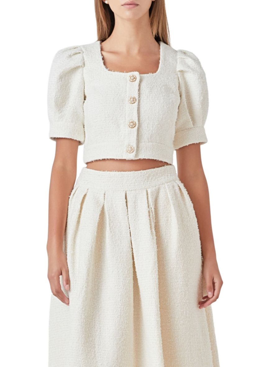 Cropped Tweed Puff Sleeve Top