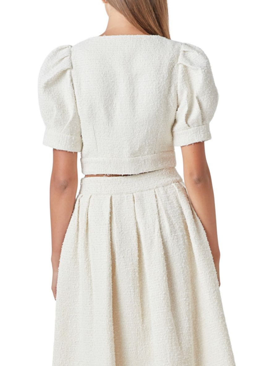 Cropped Tweed Puff Sleeve Top