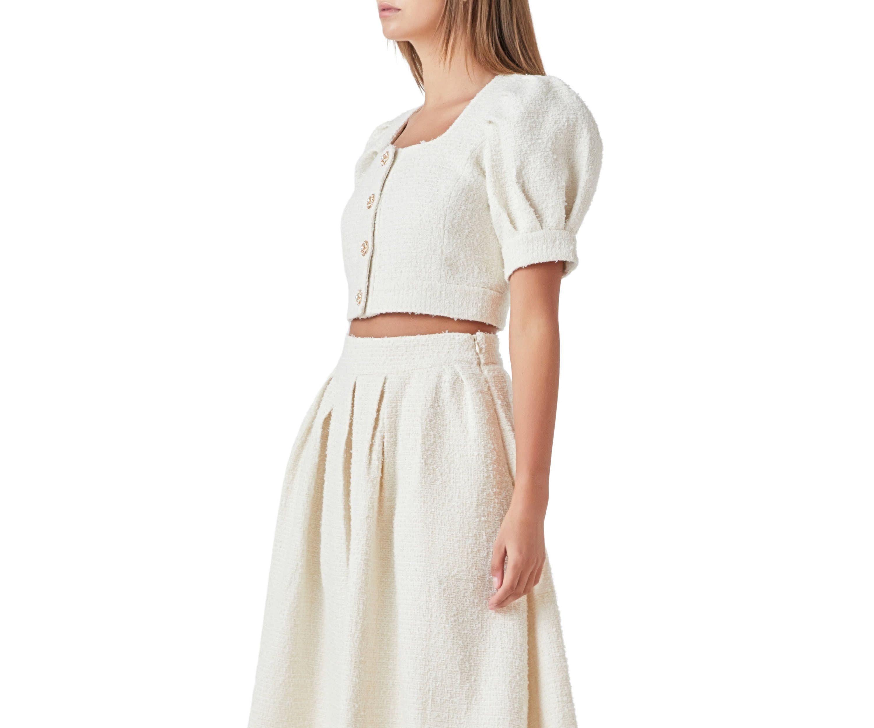 Cropped Tweed Puff Sleeve Top