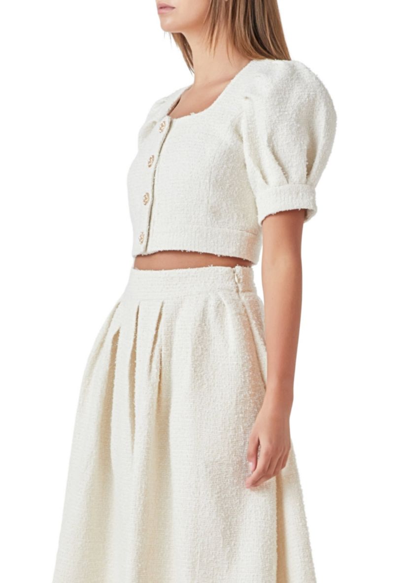 Cropped Tweed Puff Sleeve Top