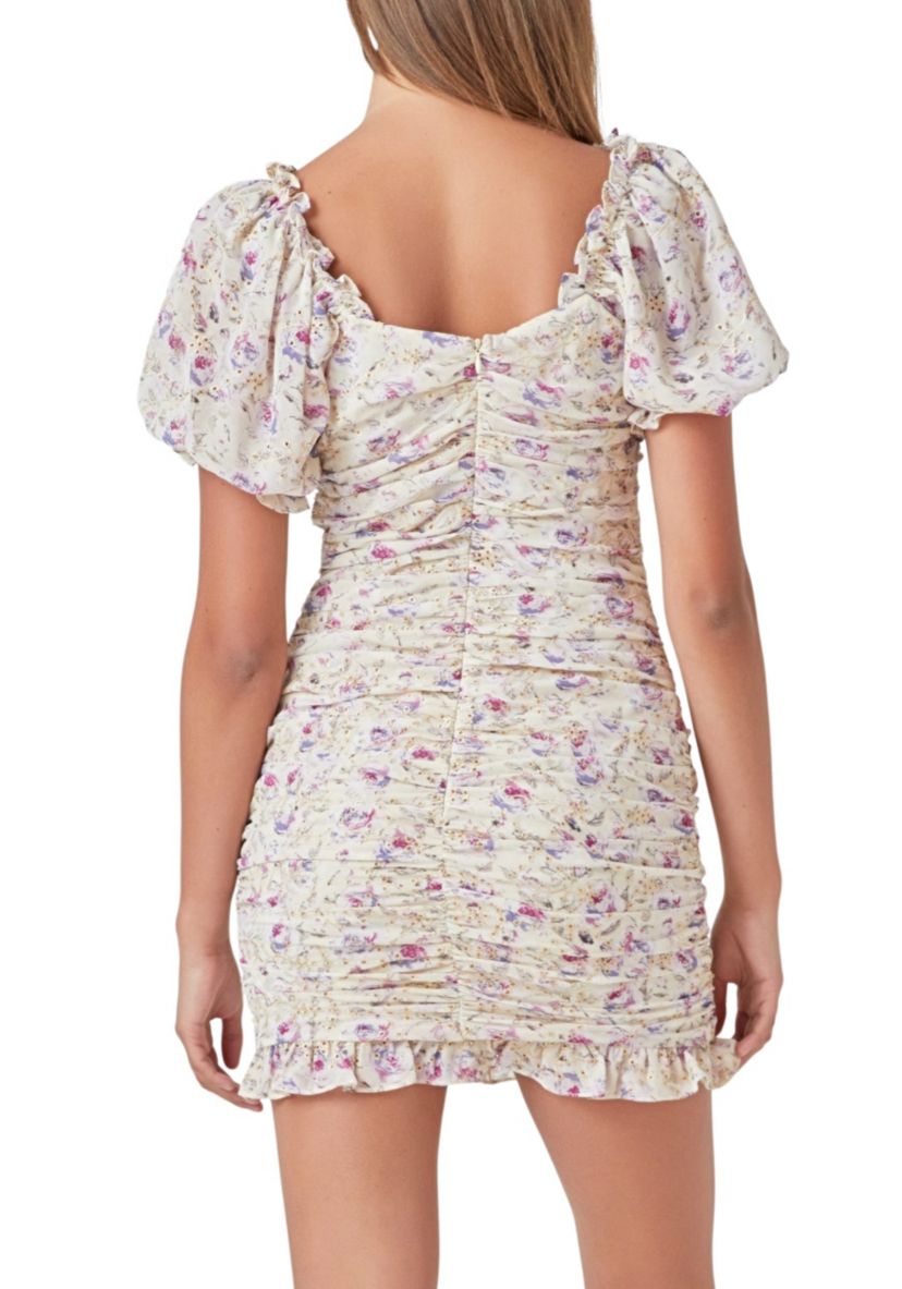Embroidery on Chiffon Shirred Mini Dress