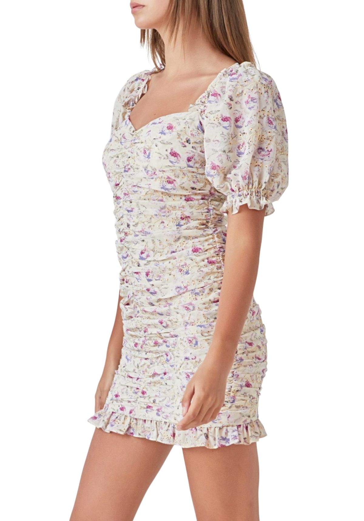 Embroidery on Chiffon Shirred Mini Dress