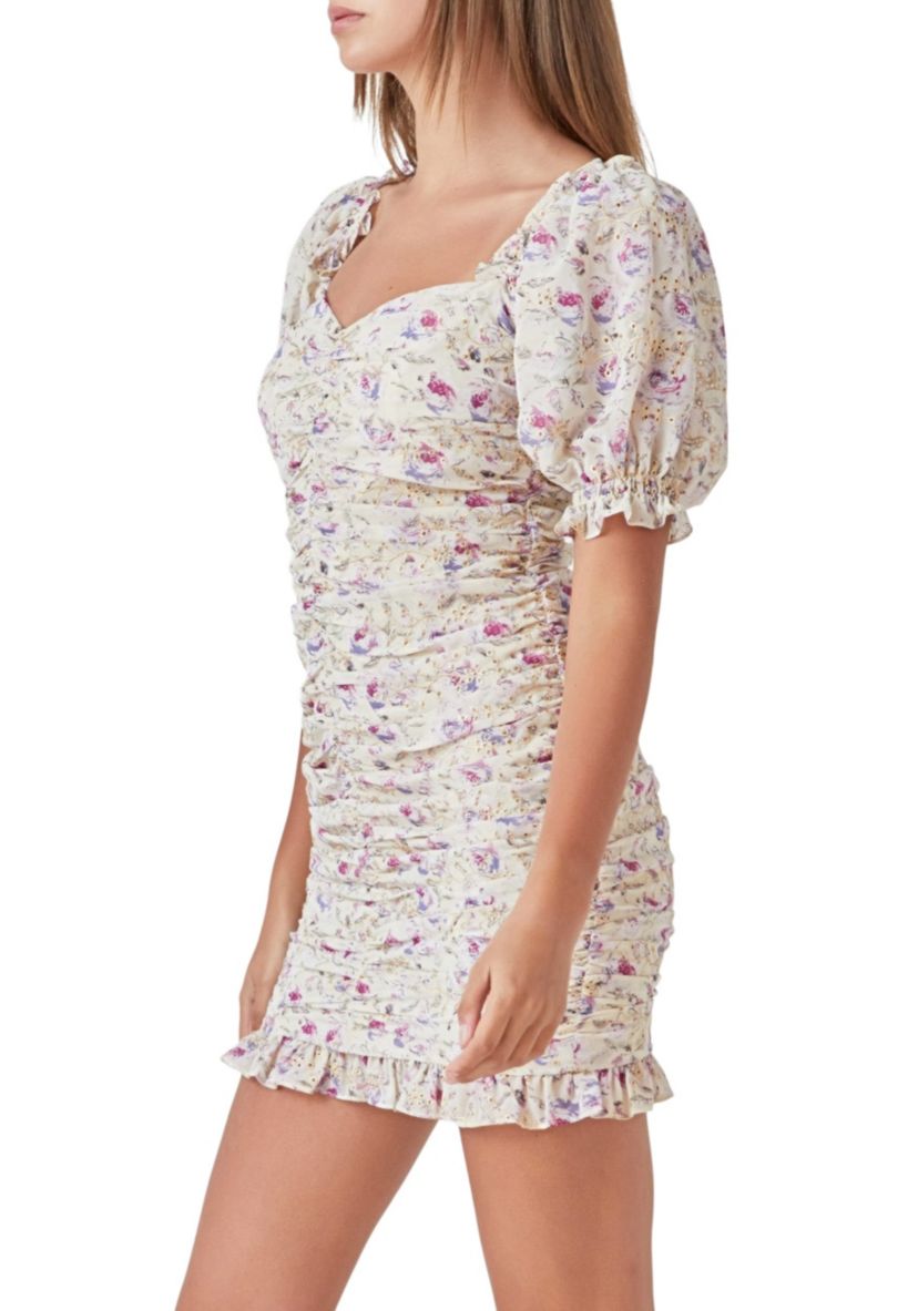 Embroidery on Chiffon Shirred Mini Dress