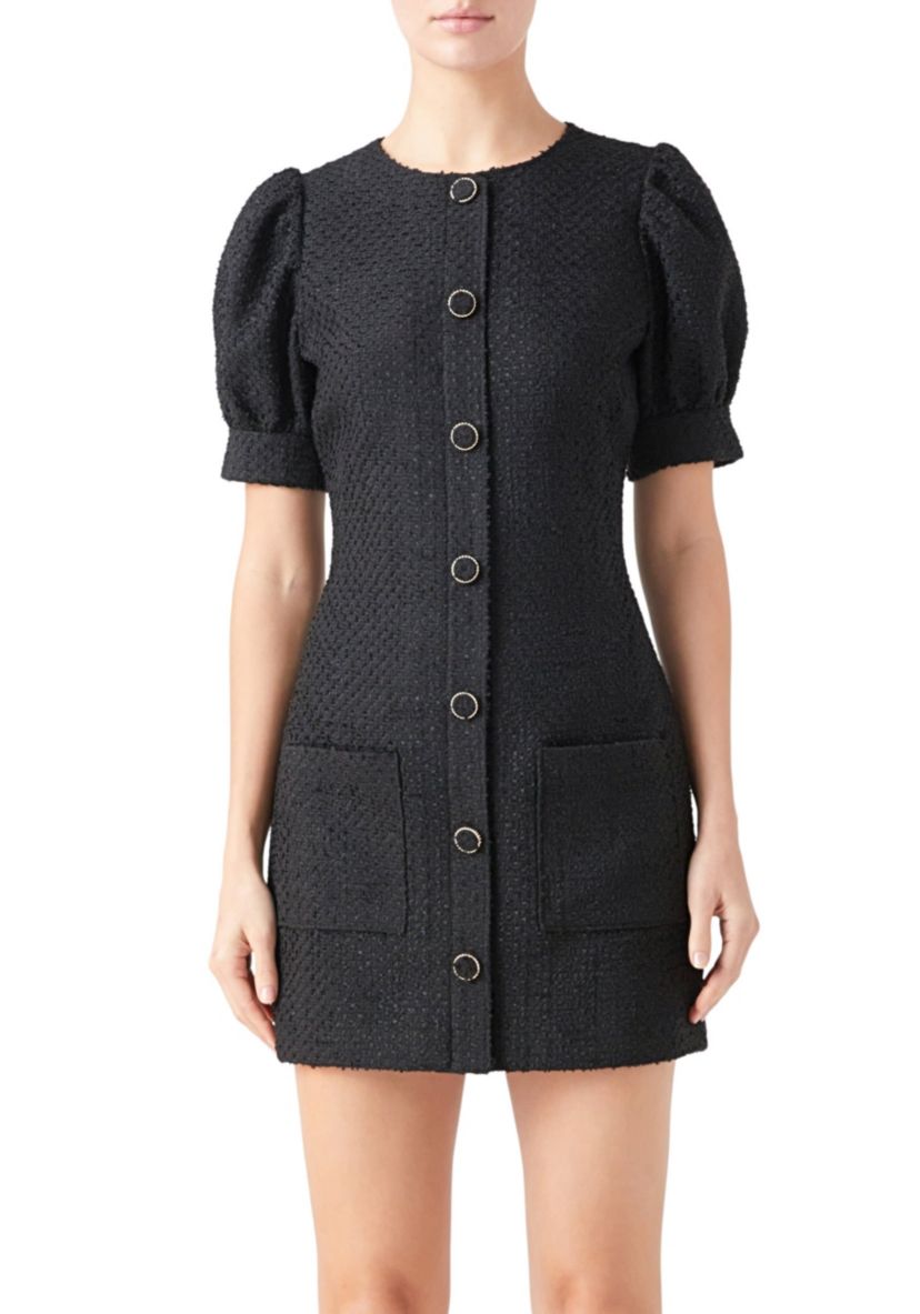 Puff Sleeve Tweed Mini Dress