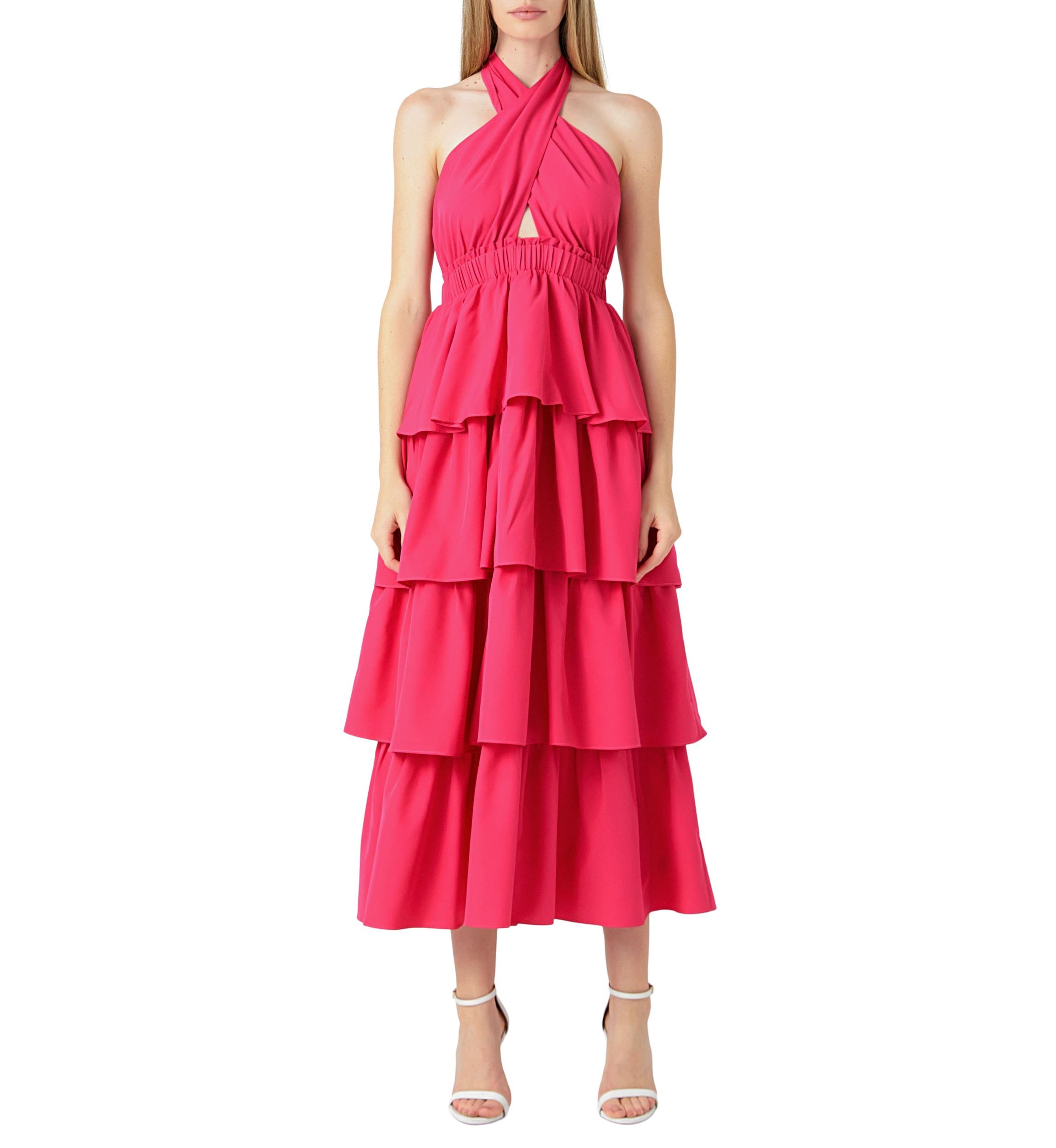 Crossed Halter Neck Tiered Maxi Dress