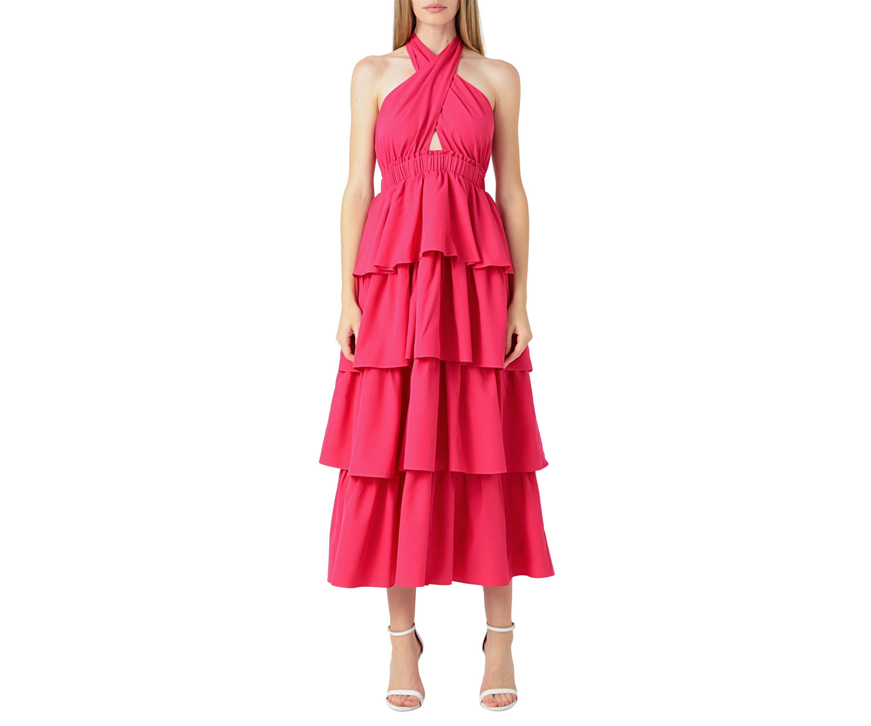 Crossed Halter Neck Tiered Maxi Dress
