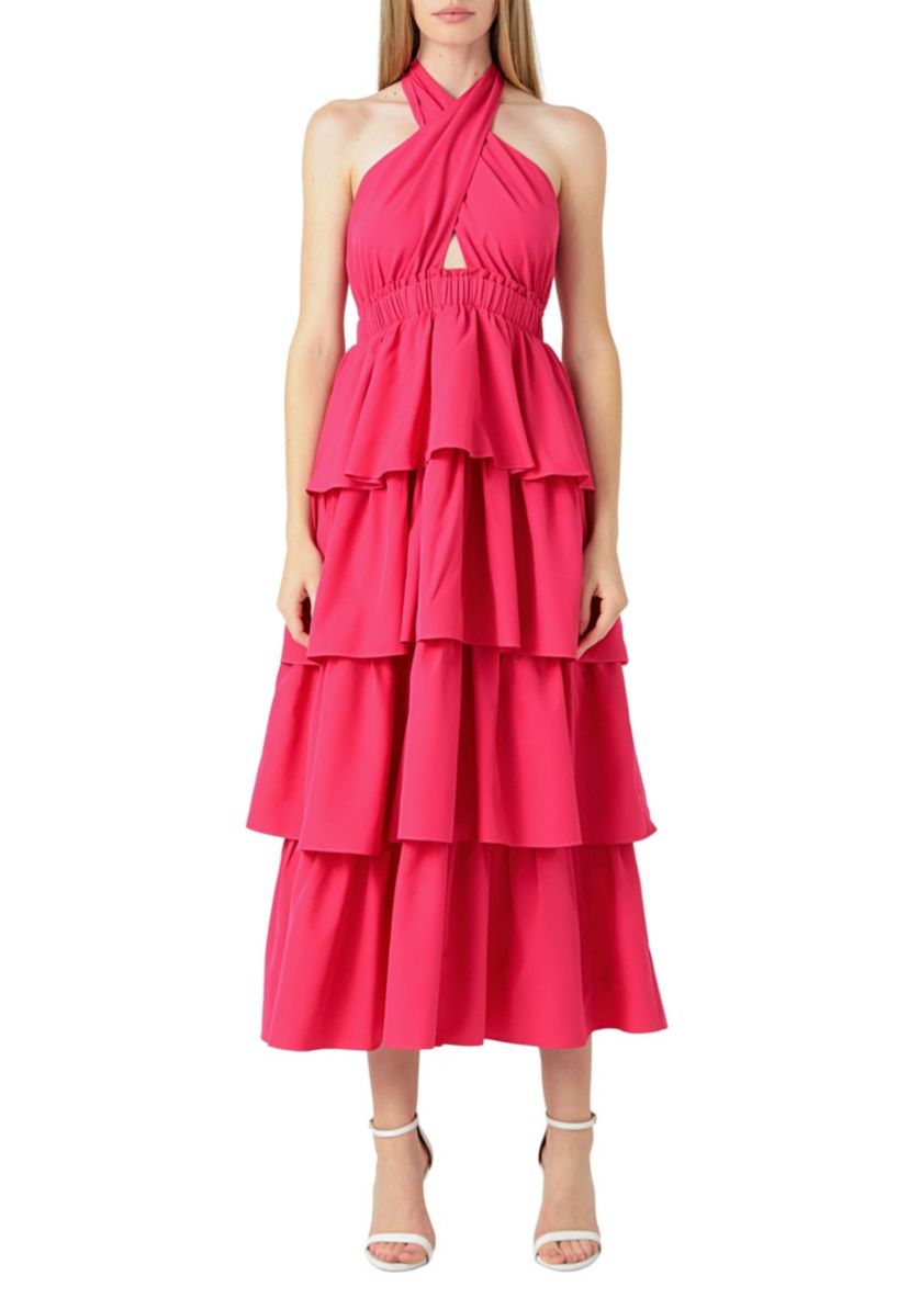 Crossed Halter Neck Tiered Maxi Dress
