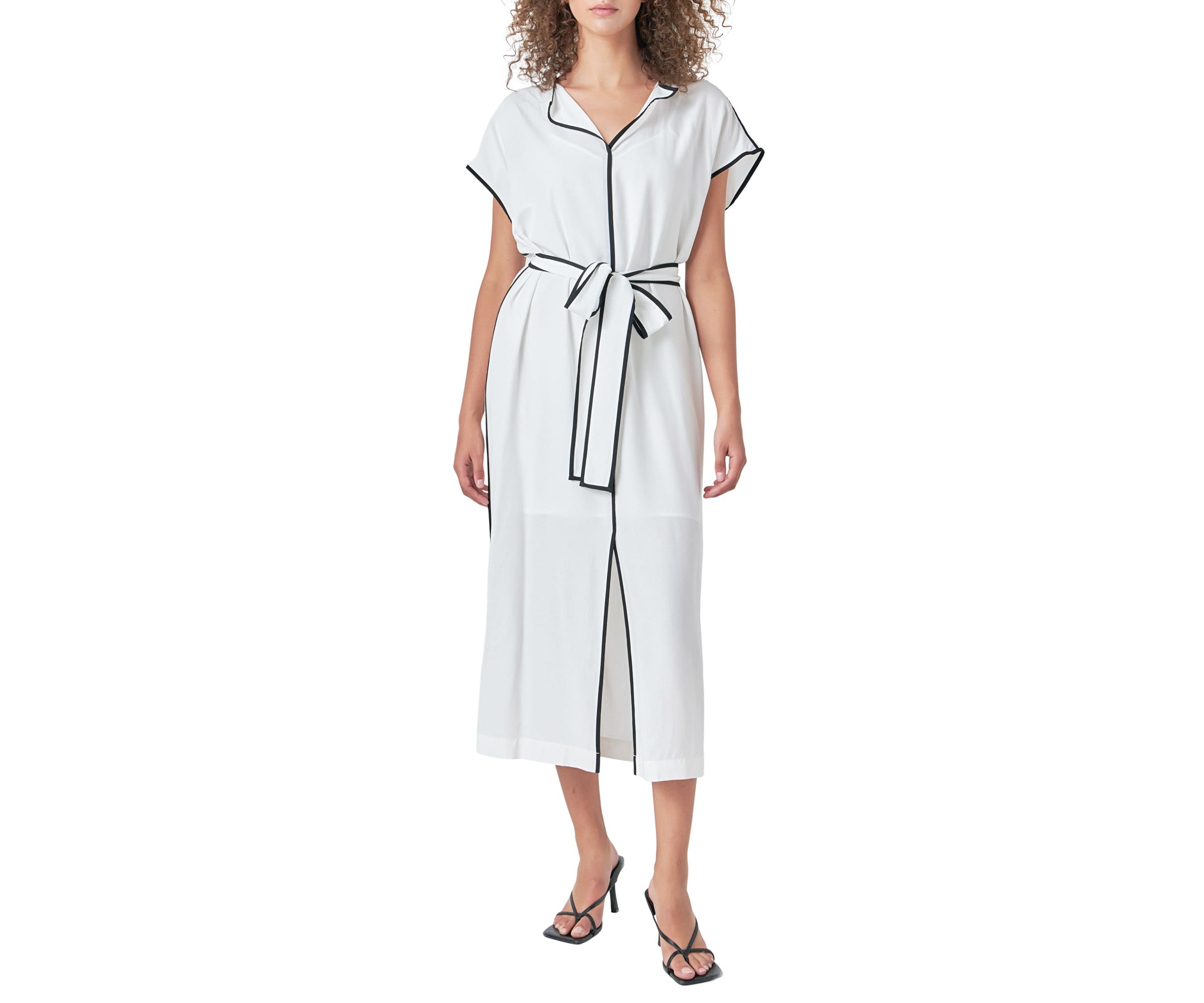 Contrast Binding Belted Midi Dress