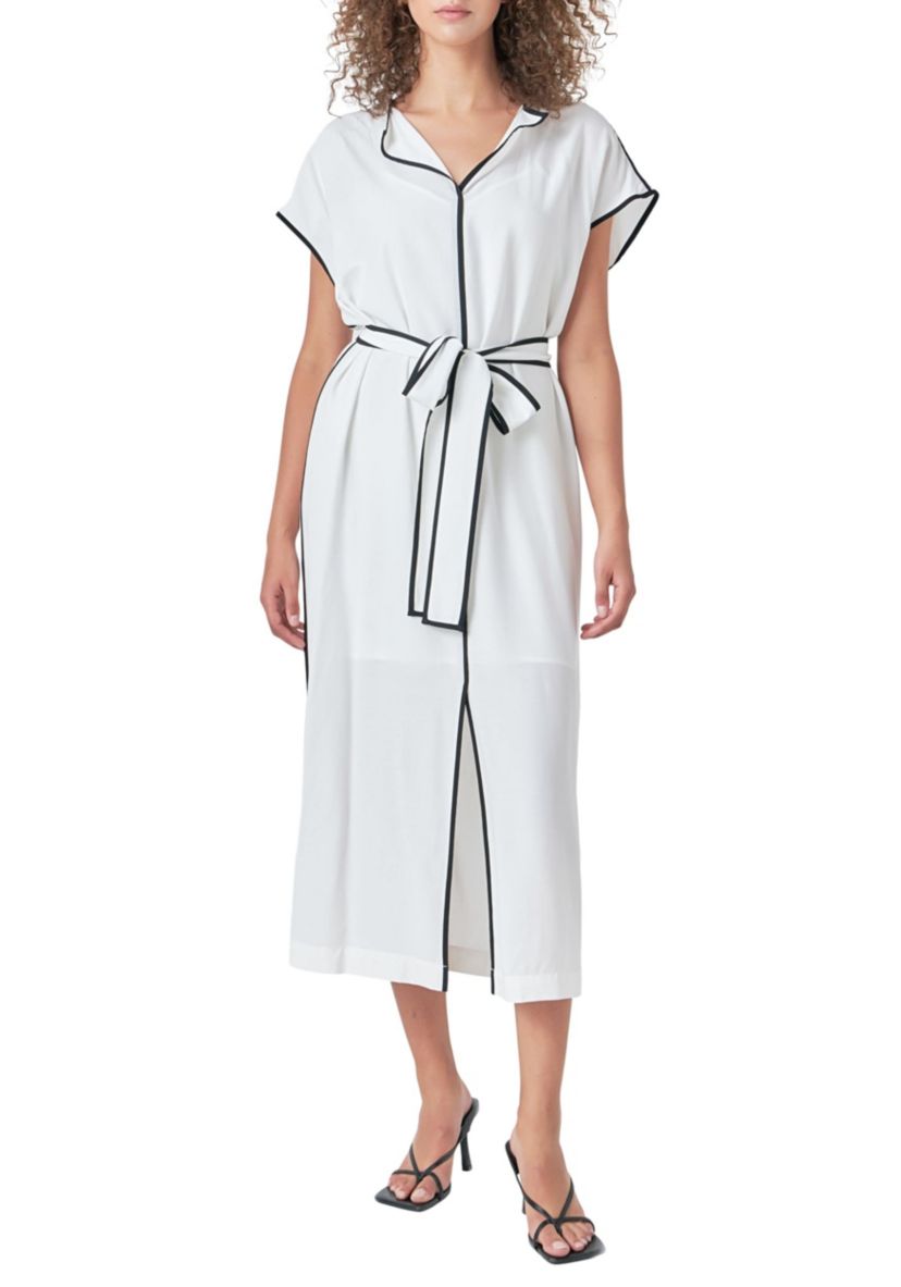Contrast Binding Belted Midi Dress