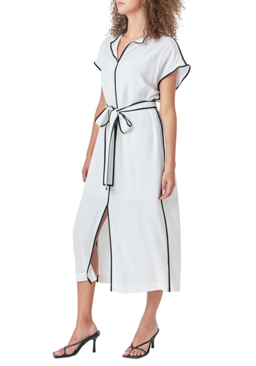 Contrast Binding Belted Midi Dress