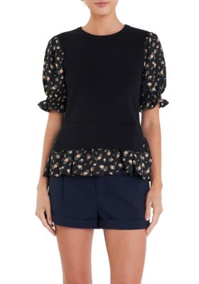 ENGLISH FACTORY Women's Floral Mixed Knit Top, Black, Small