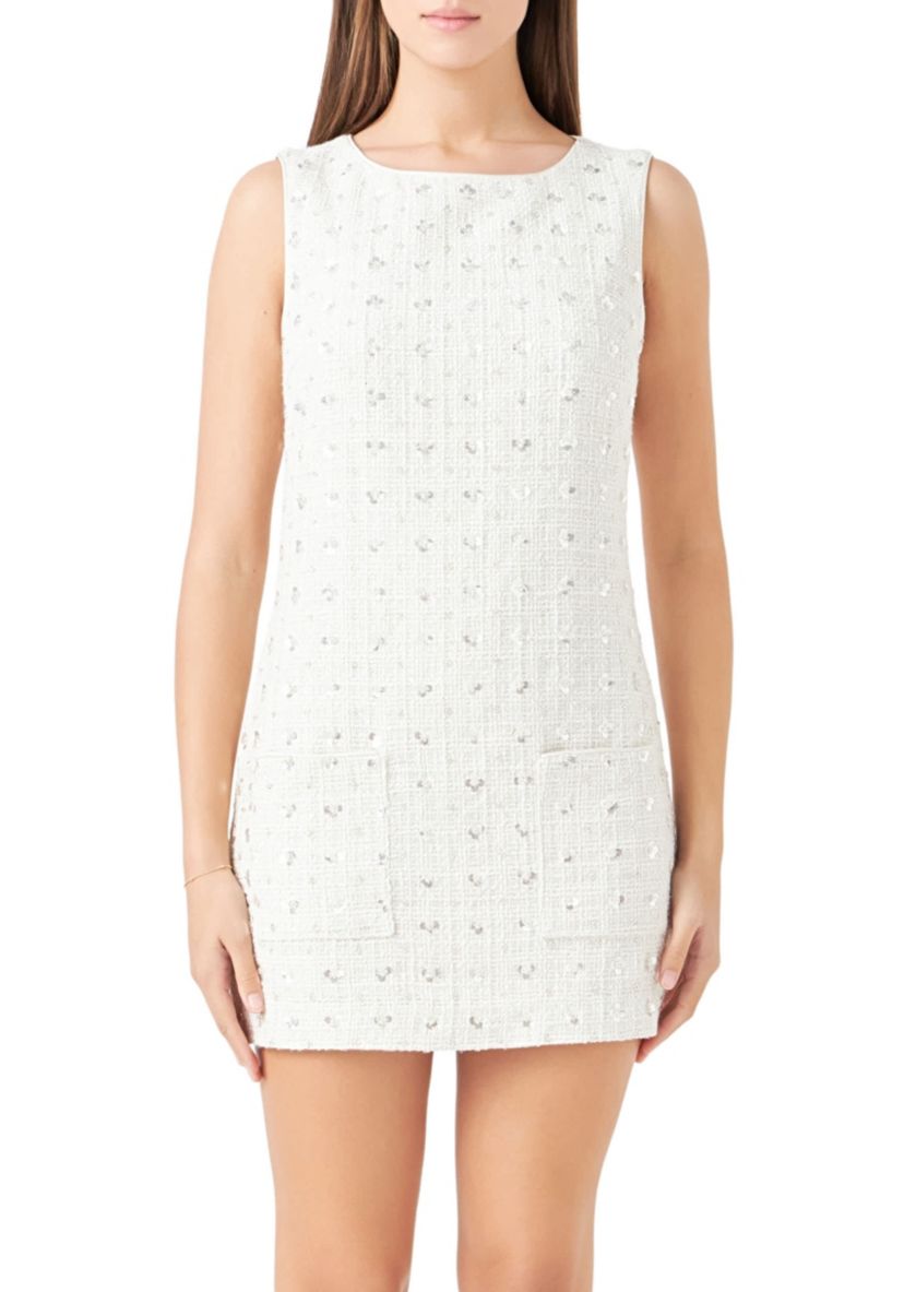 Floral Embellishment Tweed Mini Dress