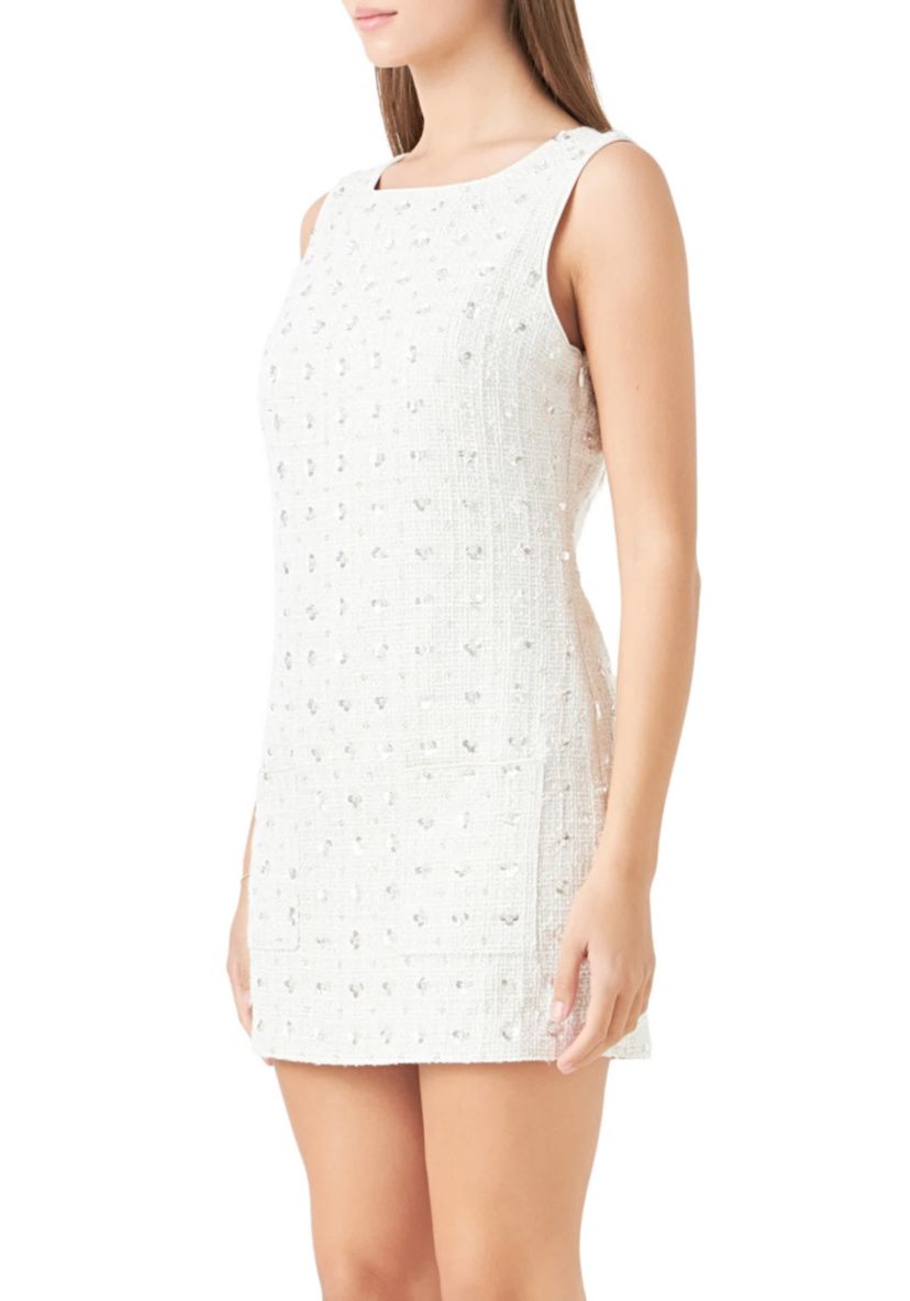 Floral Embellishment Tweed Mini Dress