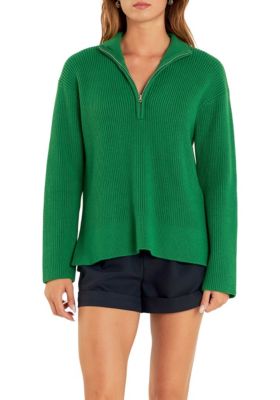 ENGLISH FACTORY Women's Zip Collared Sweater, Green, Small