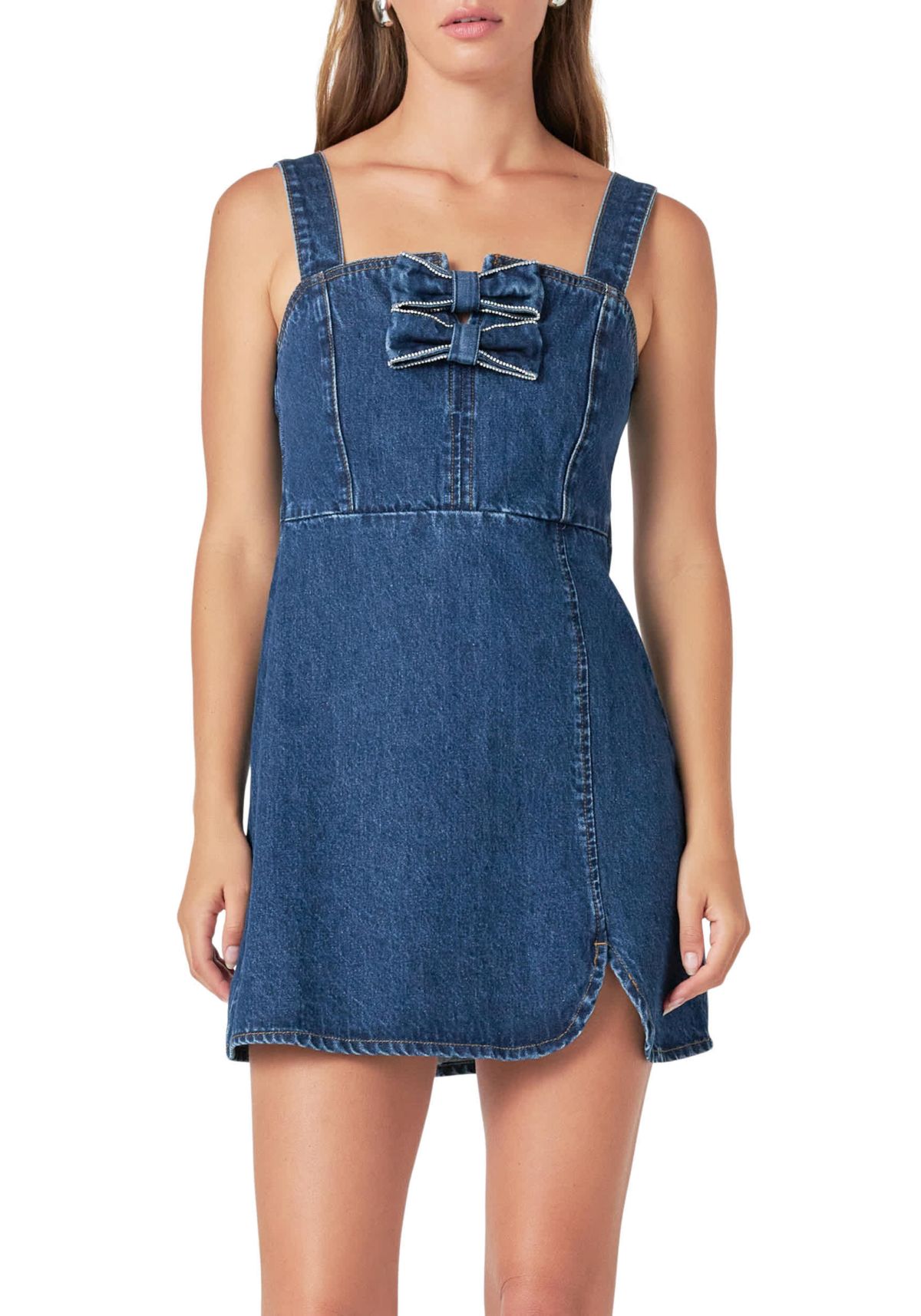 Bow Trim Denim Mini Dress