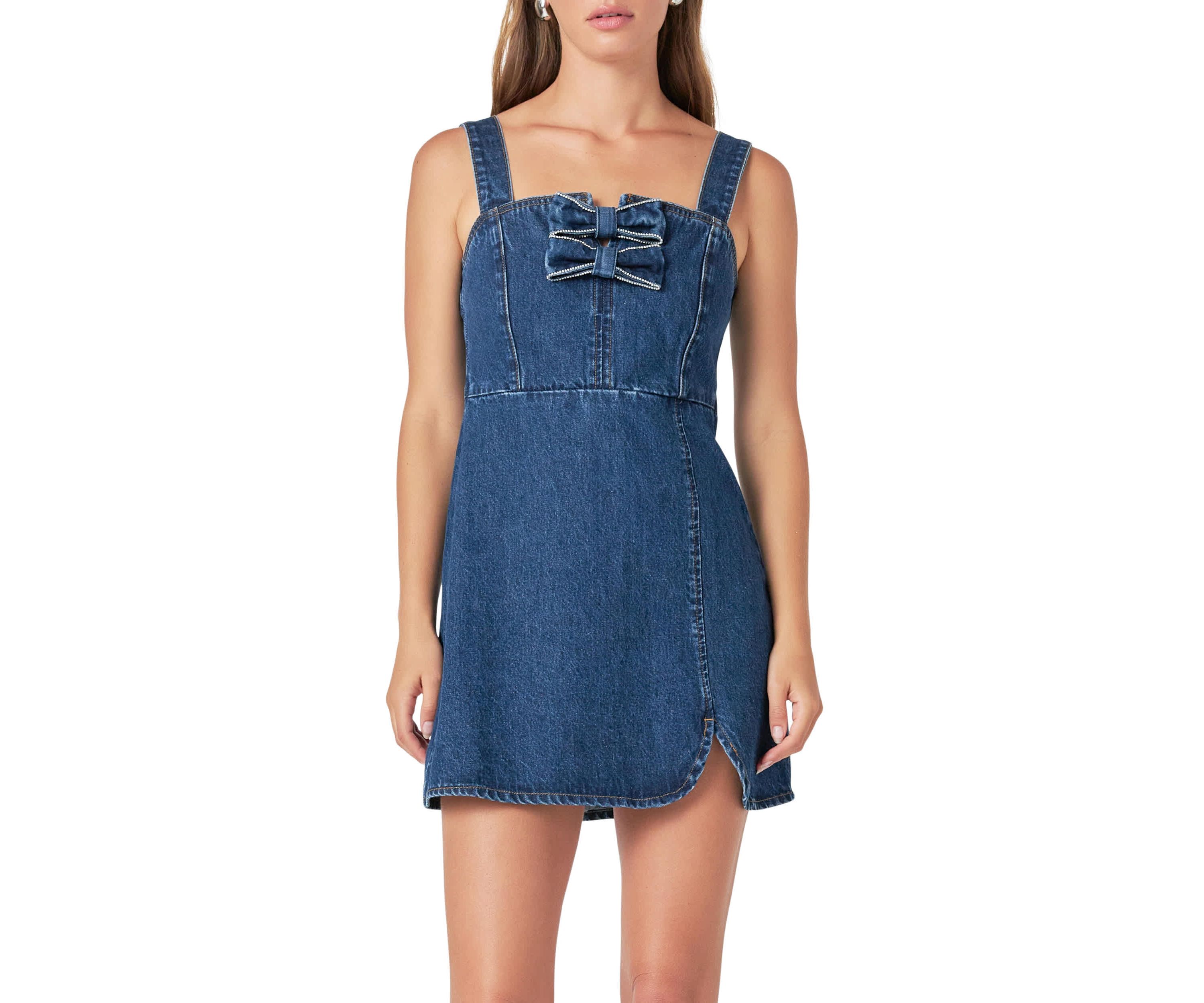 Bow Trim Denim Mini Dress