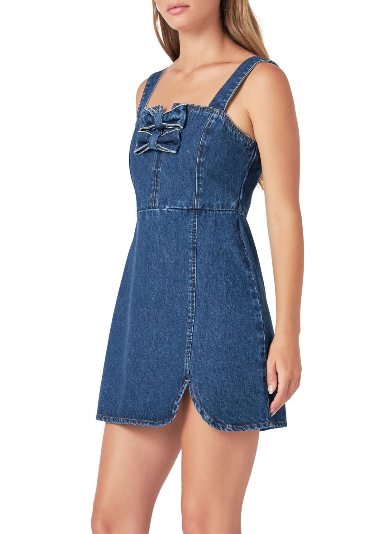 Bow Trim Denim Mini Dress