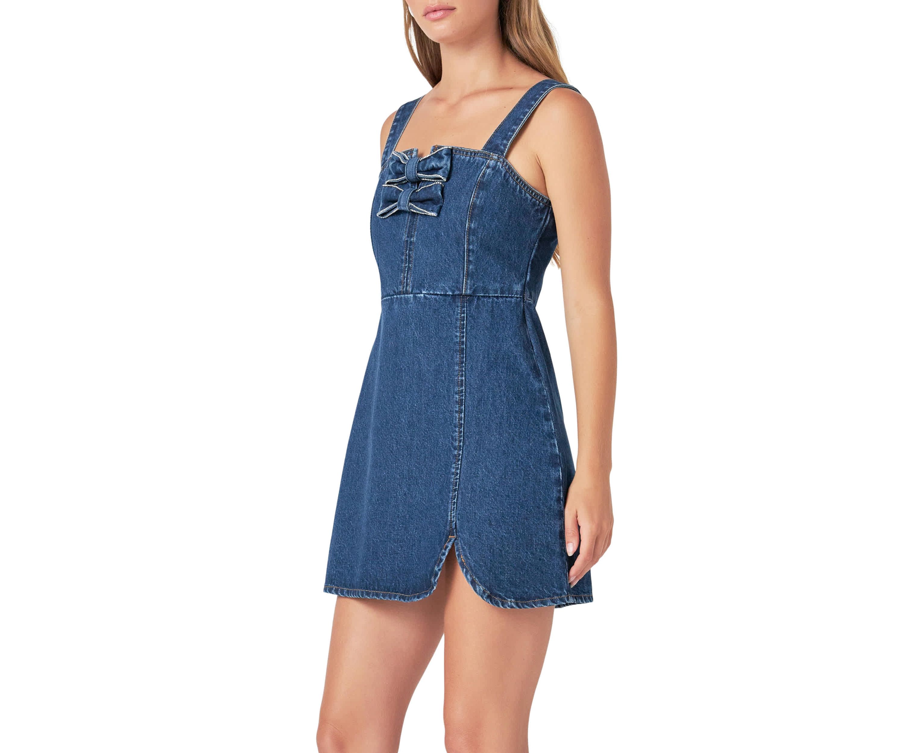 Bow Trim Denim Mini Dress