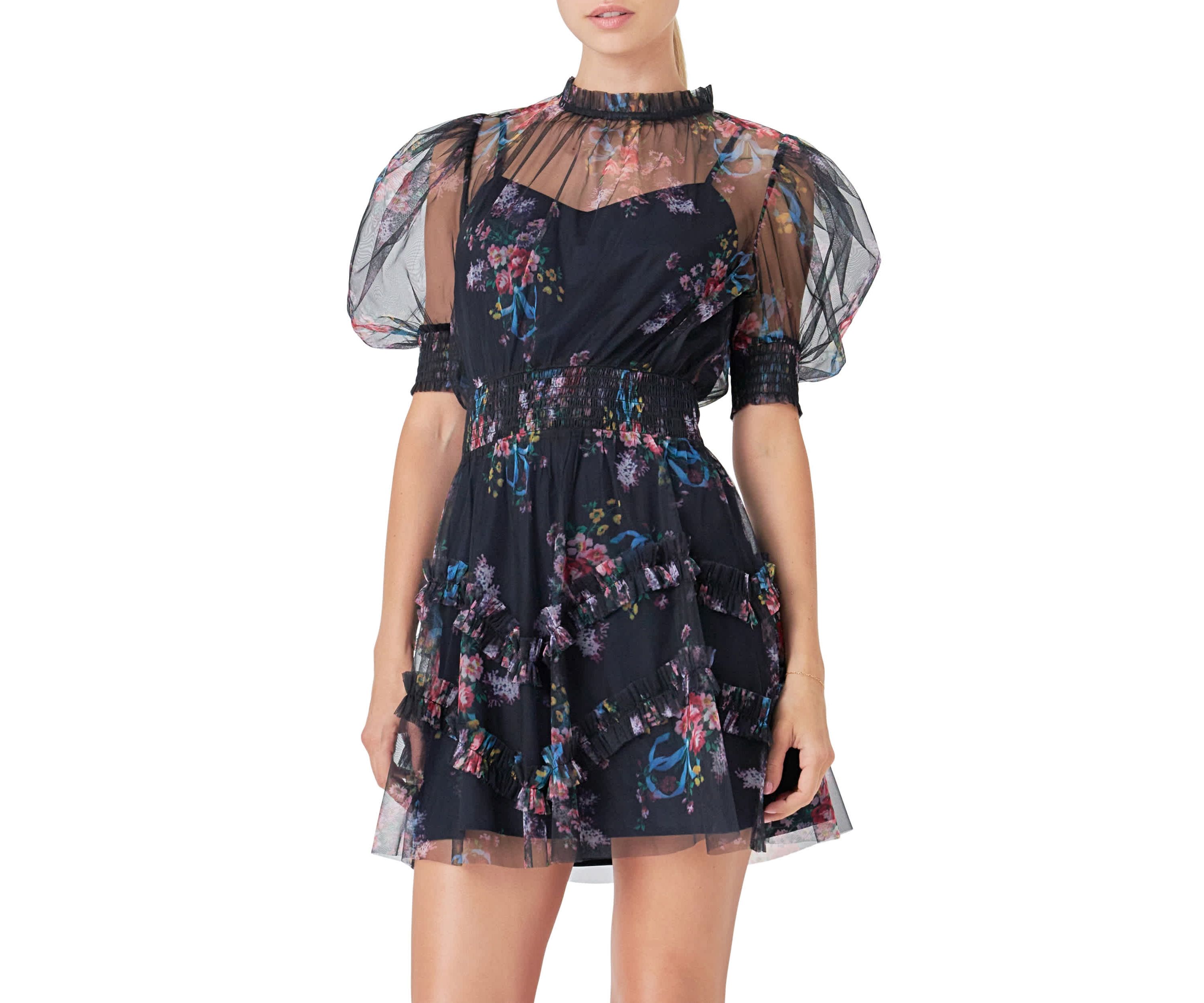 Ruffled Mesh Mini Dress