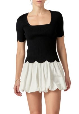 ENGLISH FACTORY Women's Scallop Hem Square Neck Sweater, Black, Medium
