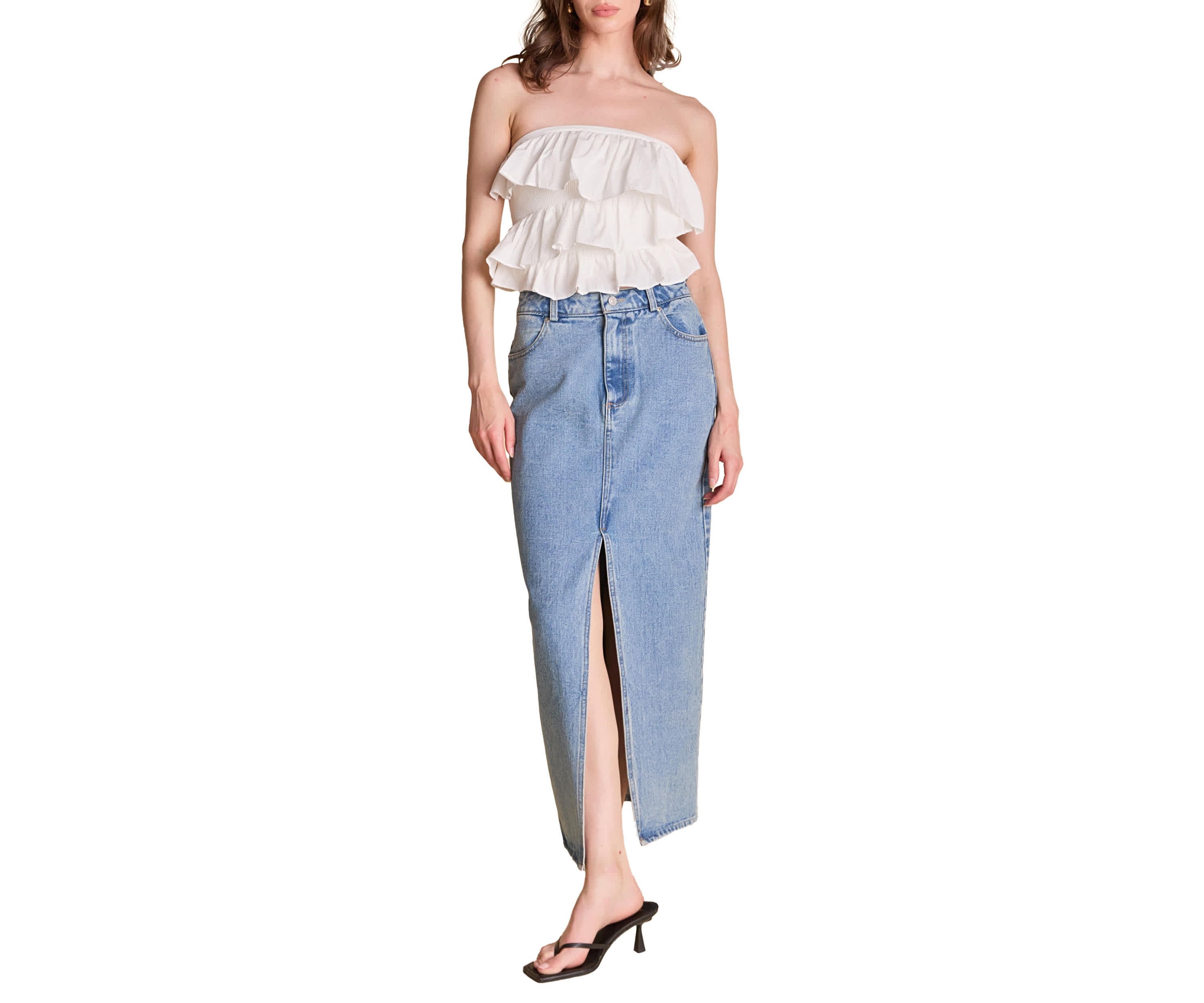 Mixed Media Ruffled Strapless Top