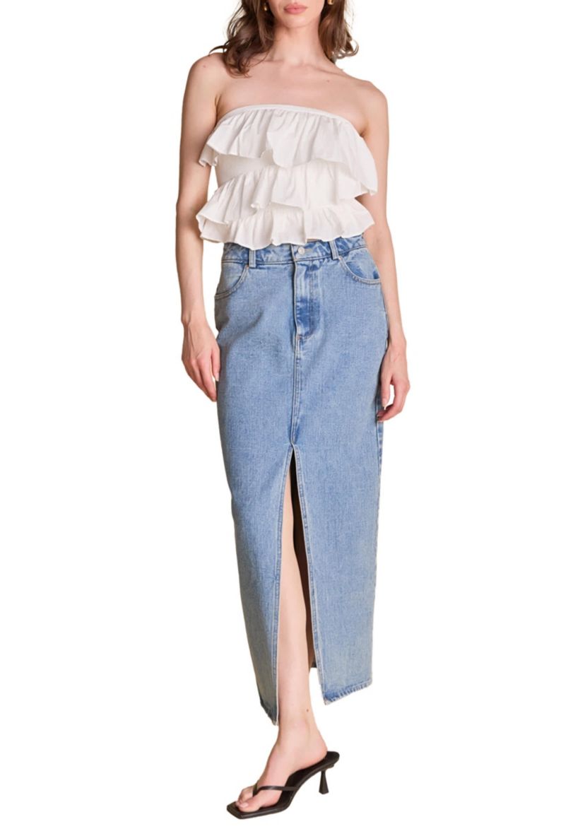 Mixed Media Ruffled Strapless Top