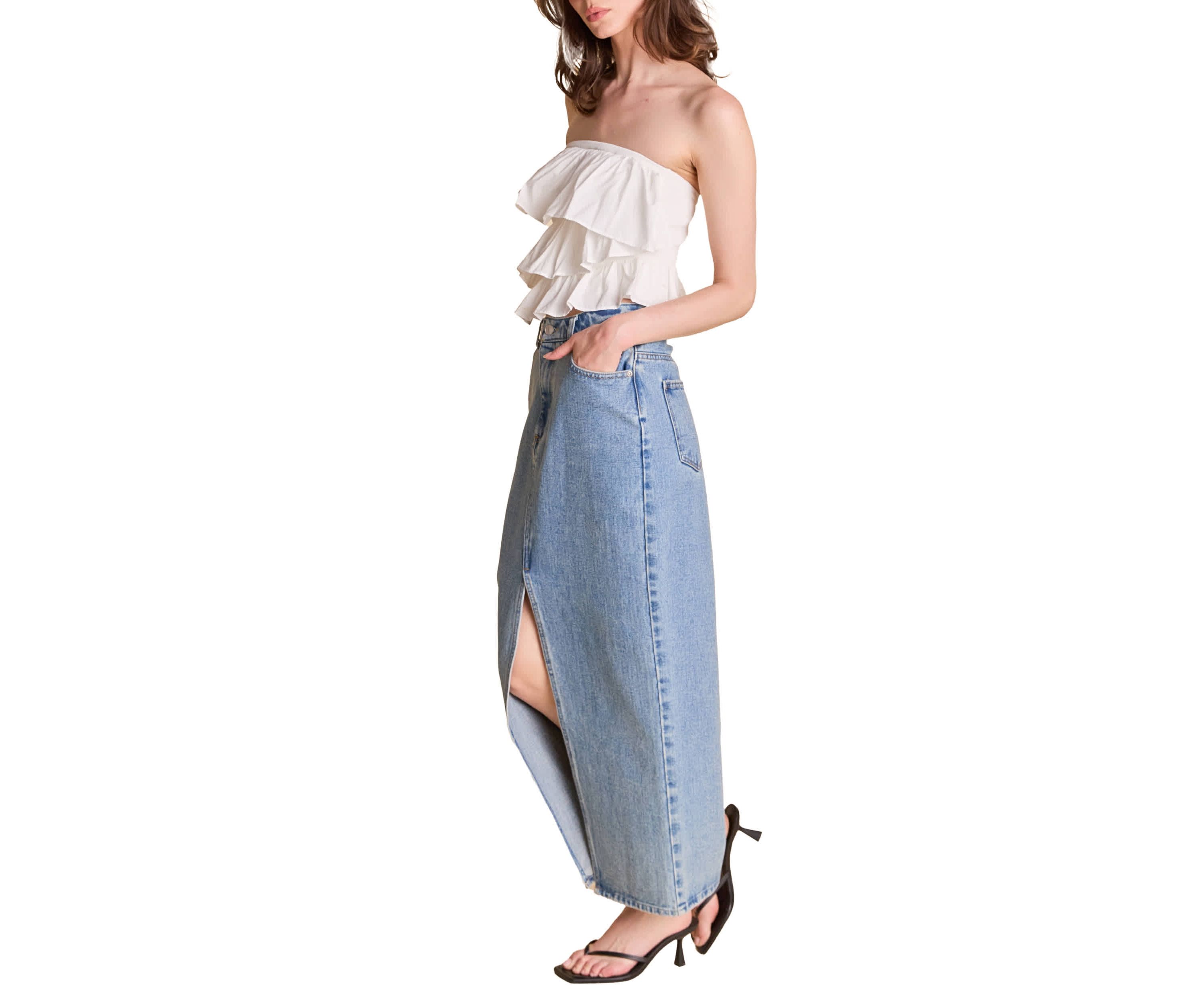 Mixed Media Ruffled Strapless Top
