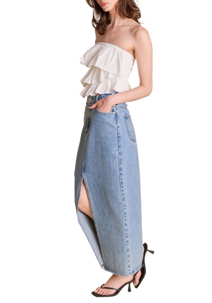 Mixed Media Ruffled Strapless Top