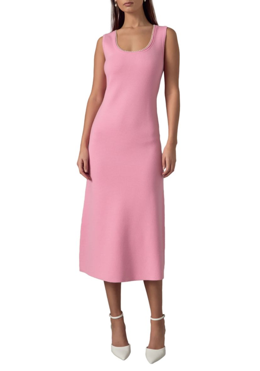Pearl Trim Knit Midi Dress