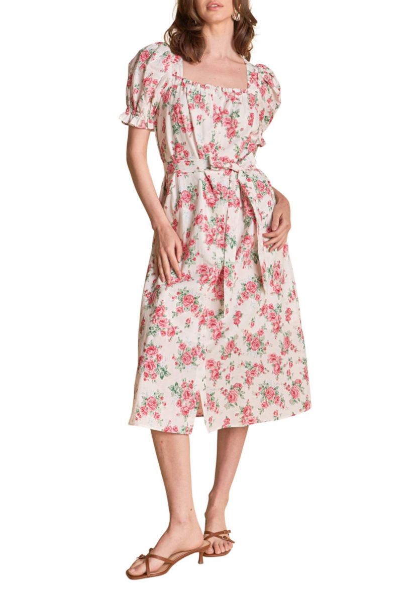 Floral Print Linen Midi Dress