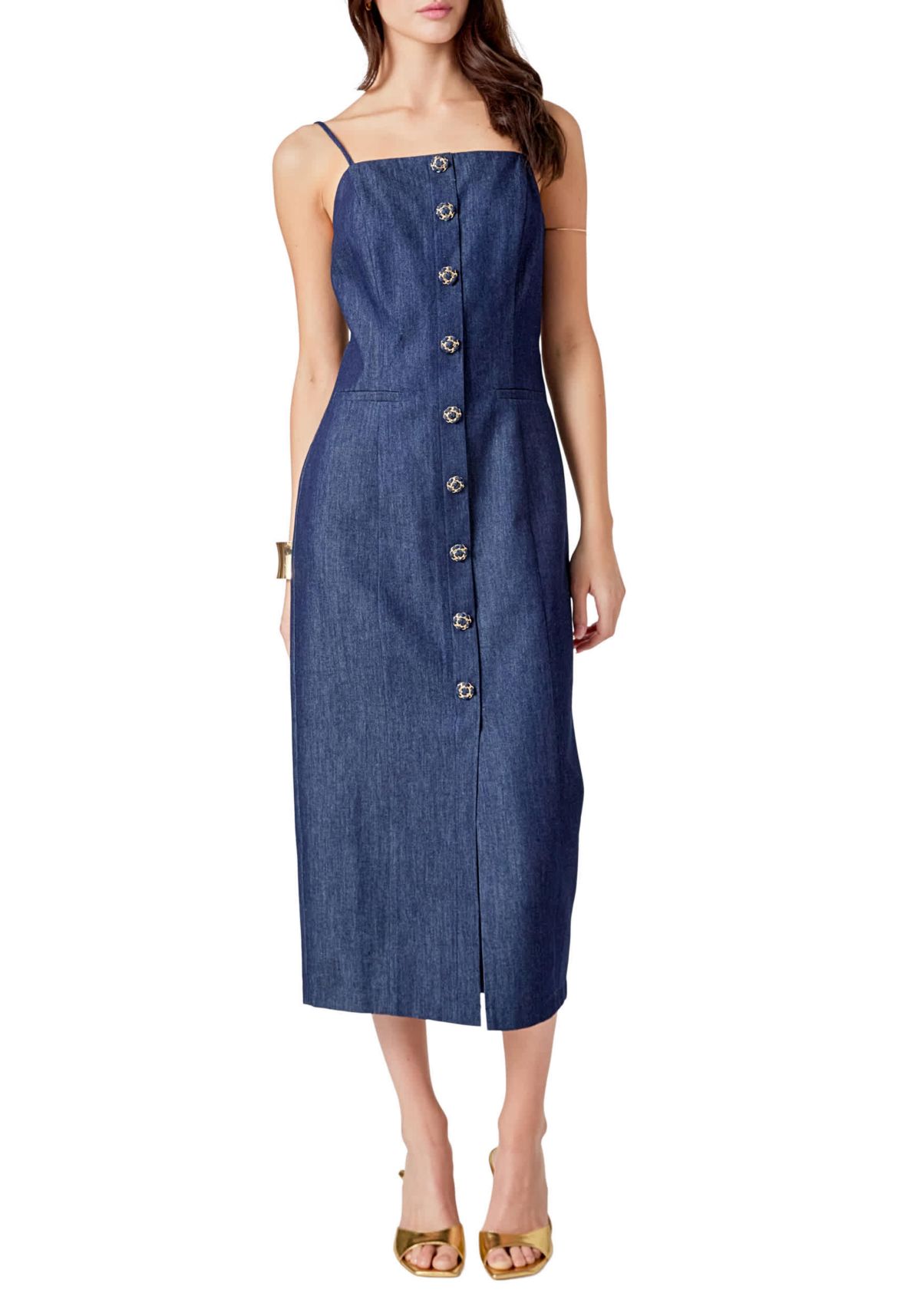 High Neck Denim Midi Dress