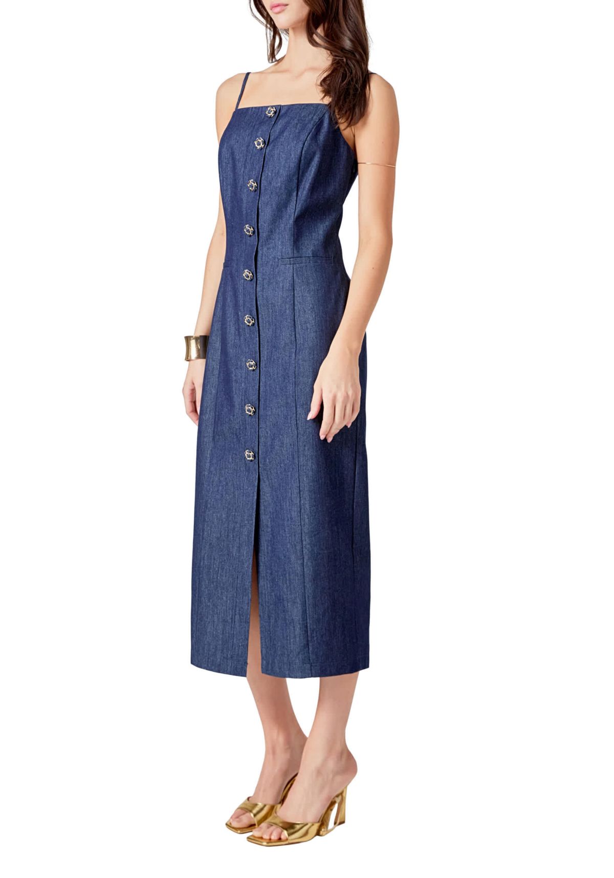 High Neck Denim Midi Dress