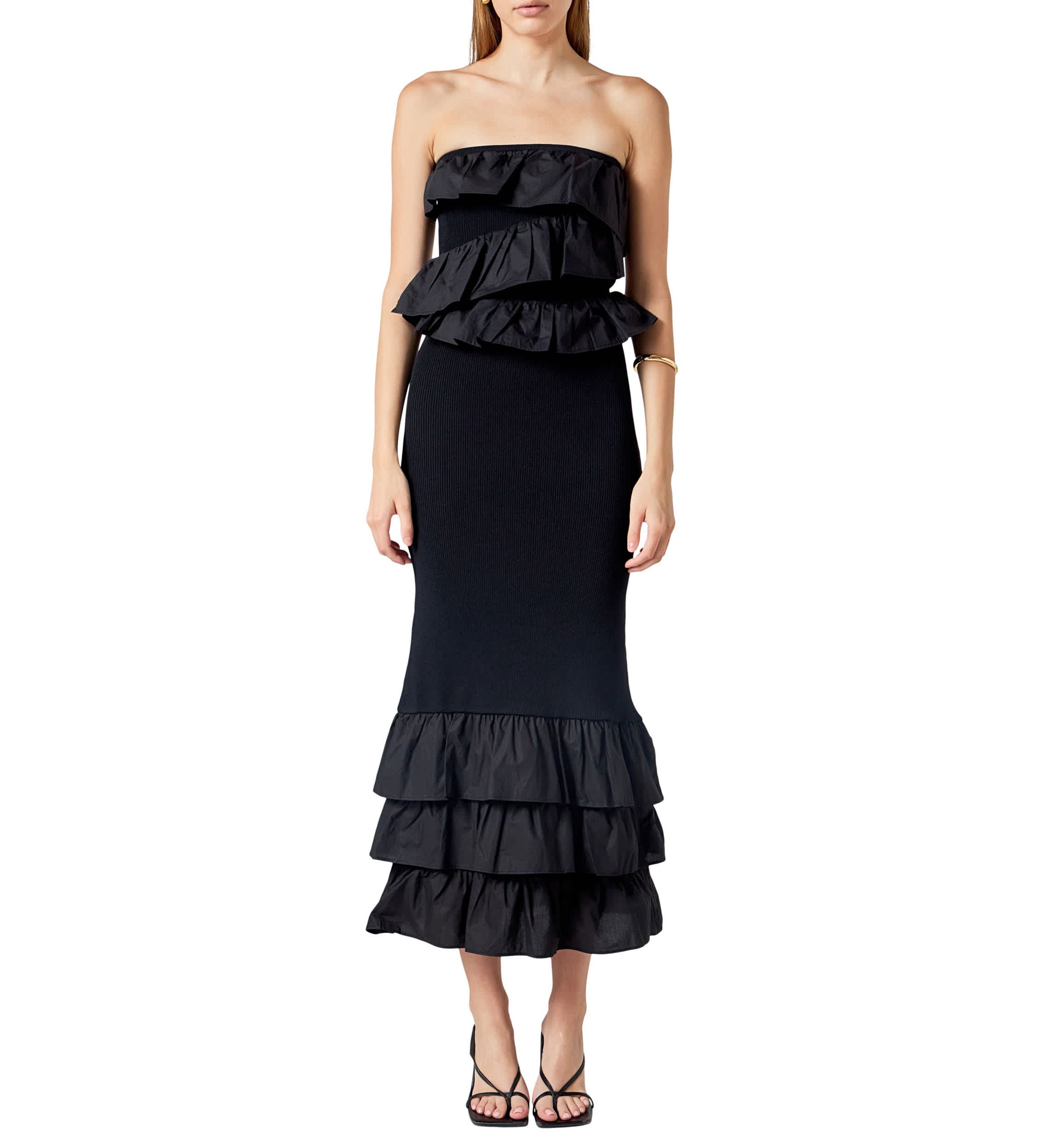 Mixed Media Strapless Fitted Maxi Dress