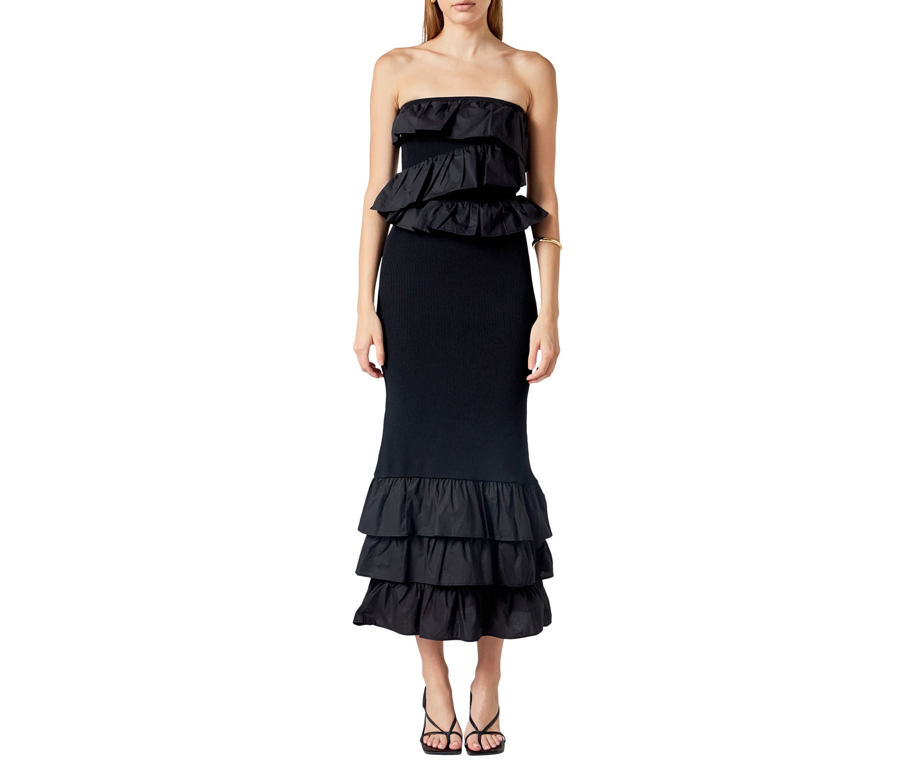 Mixed Media Strapless Fitted Maxi Dress