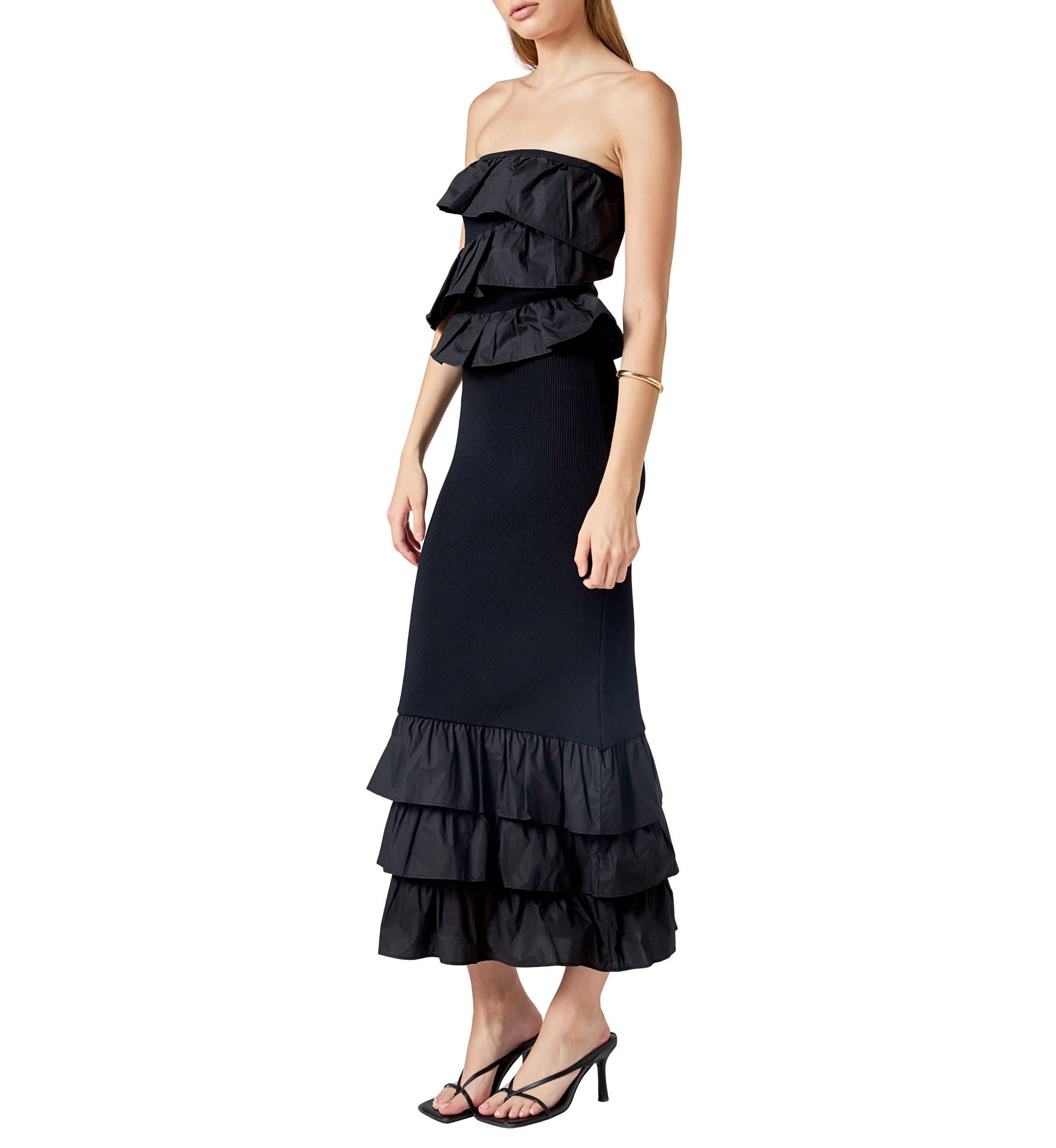 Mixed Media Strapless Fitted Maxi Dress